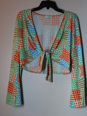 EARTHBOUND Multicolor Checkered Tie-Front Crop Top